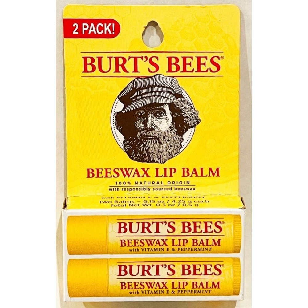 Burt's Bees Beeswax Lip Balm with Vitamin E & Peppermint Set of 2 Tubes NEW